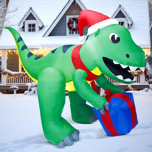 5Ft Tall Christmas Inflatables Dinosaur Outdoor Decoration, Blow up Dinosaur with Gift Box, Christmas Yard Inflatables with Build-In Leds for Xmas Decorations Outside, Xmas Lawn Decor
