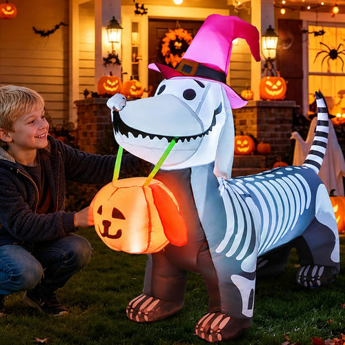 5.5 FT Halloween Inflatables Outdoor Decorations Skeleton Puppy Inflatable Yard Decoration with Build-In Leds Blow up Pumpkin for Halloween Party Indoor Outdoor Yard Garden