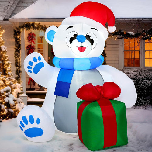 4 Ft Christmas Inflatable Polar Bear with Gift Decoration, Blow up Polar Bear with Build-In Leds for Xmas Yard Decoration Holiday Indoor Outdoor Garden Lawn Party Favor Holiday Supplies Décor