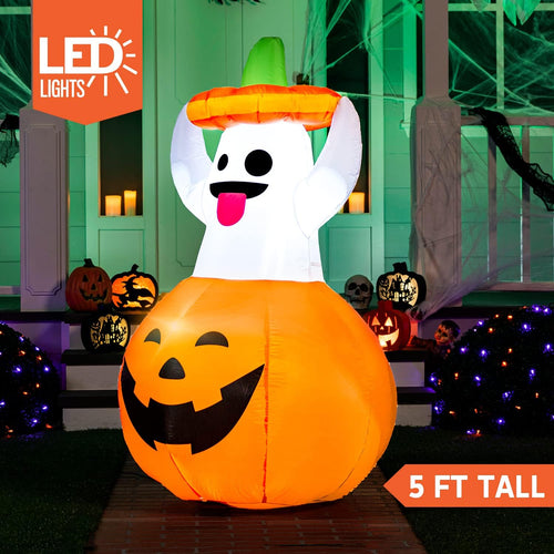 5 FT Halloween Inflatable Ghost Outdoor Decorations, Blow up Yard Decorations in Pumpkin, Blow up Ghost Inflatable with Leds for Cute Halloween Decor