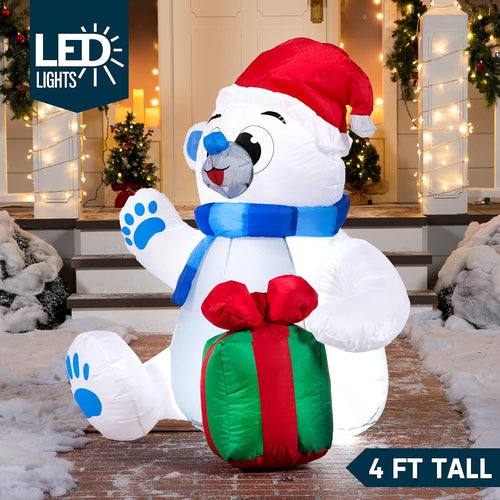4 Ft Christmas Inflatable Polar Bear with Gift Decoration, Blow up Polar Bear with Build-In Leds for Xmas Yard Decoration Holiday Indoor Outdoor Garden Lawn Party Favor Holiday Supplies Décor